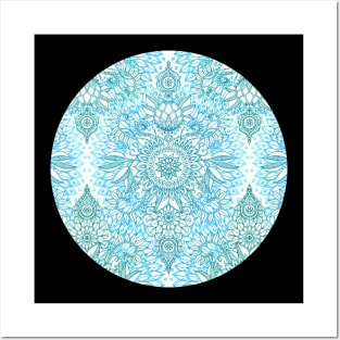 Turquoise Blue, Teal & White Protea Doodle Pattern Posters and Art